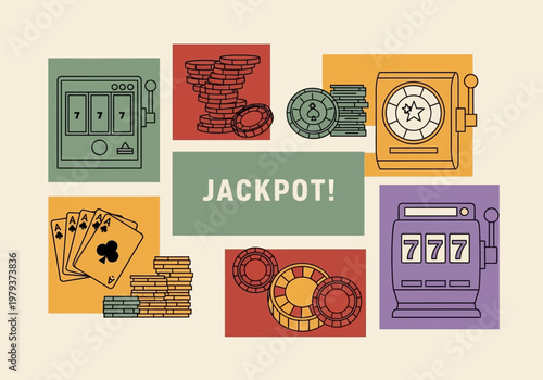 Vintage Retro Casino Gambling Illustration with Slot Machines, Poker Chips, and 777 Jackpot Concept
