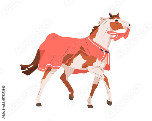 Disobedient naughty horse ripping, tearing off blanket, rug. Bad equine animal behavior, problem. Silly mischievous stallion with torn clothing. Flat vector illustration isolated on white background