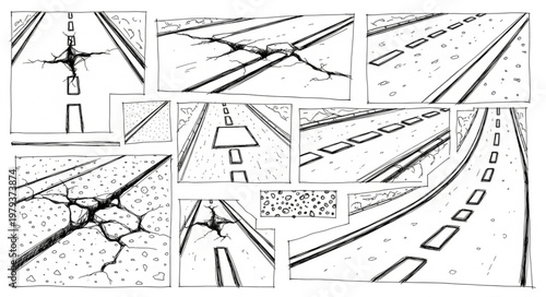 Collection of Road Illustrations with Different Markings and Textures.
