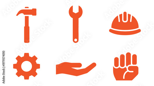 Tool and Icon Collection: An array of construction tools and engaging hand gestures, displayed as vivid icons, is presented in a studio shot. These elements showcase the essence of industry, teamwork.