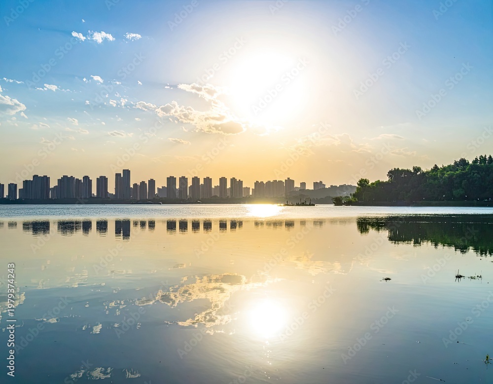 Obraz premium A serene cityscape reflects in the calm waters of a lake at sunset, creating a picturesque and tranquil scene.