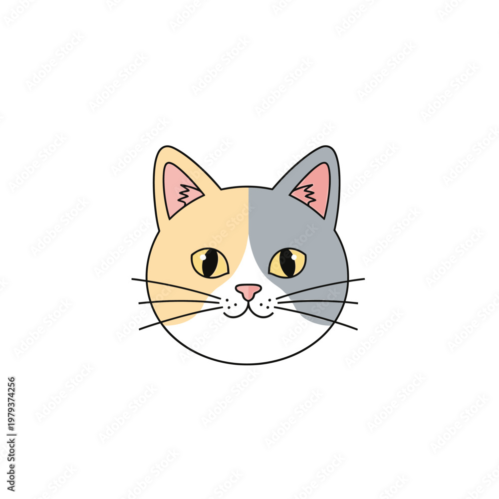 Fototapeta premium A charming illustration of a calico cat's face with distinct patches of cream and grey fur, bright yellow eyes, and delicate whiskers.