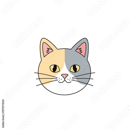 A charming illustration of a calico cat's face with distinct patches of cream and grey fur, bright yellow eyes, and delicate whiskers.