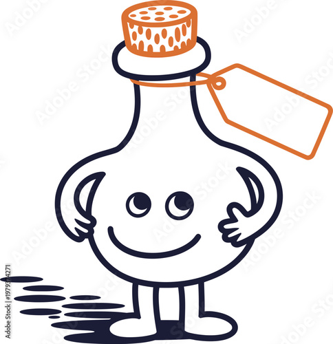 Cute cartoon bottle character with a cork stopper and a blank tag