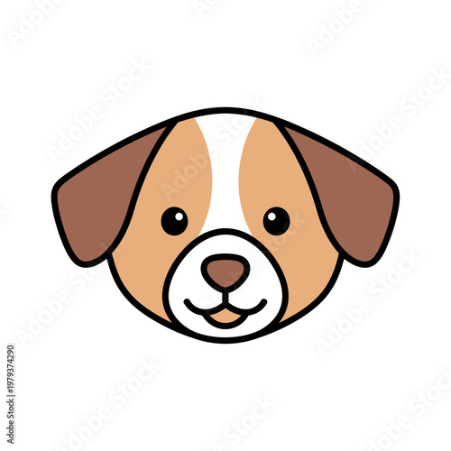 A simple, charming cartoon illustration of a dog's face with brown ears and white markings.