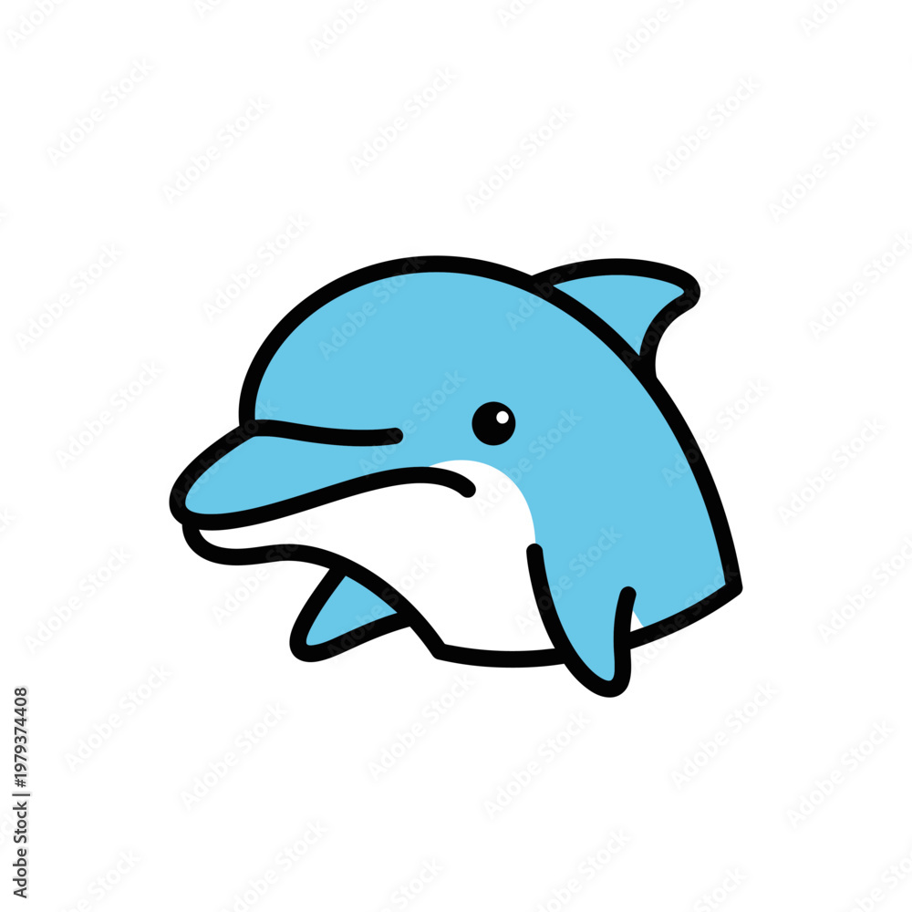 Fototapeta premium A cute, simple, cartoon-style illustration of a light blue dolphin with a black outline, facing left with its mouth slightly open.