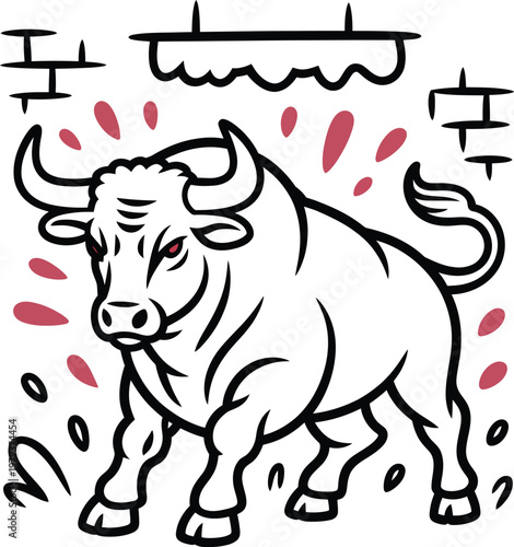 Angry bull illustration, powerful charging bull mascot design, aggressive bovine character for sports team logo or branding