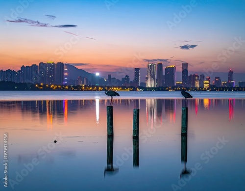A serene twilight scene captures two birds perched atop weathered posts in a calm lake, with a vibrant cityscape illuminated against a colorful sunset sky.