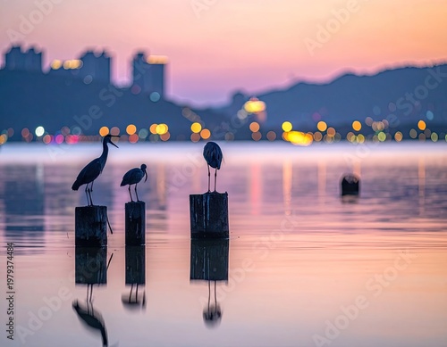Three herons stand gracefully atop weathered wooden posts in a tranquil lake at dusk, silhouetted against a vibrant cityscape and a colorful sunset.