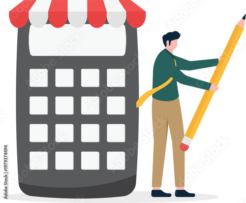 Professional standing next to a giant calculator drawing