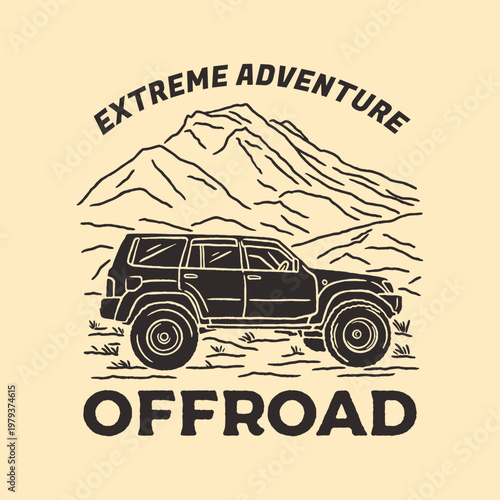 extreme adventure, offroad SUV, mountain landscape, vintage illustration, line art, retro badge, 4x4 vehicle, outdoor design, t-shirt print, adventure badge, rugged design, SUV illustration, rocky ter
