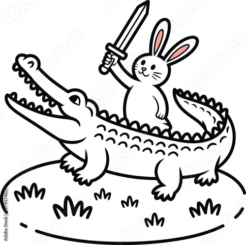Cute cartoon rabbit riding on the back of a friendly alligator holding a sword, vector illustration