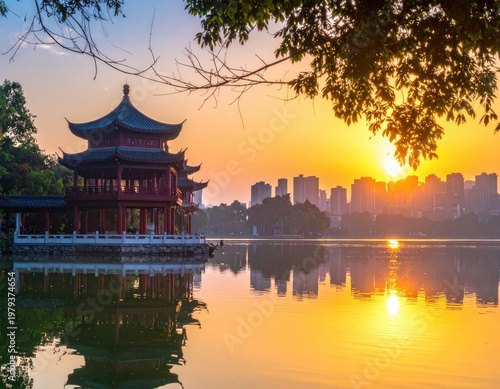 A vibrant sunset illuminates a traditional Chinese pavilion reflected in a tranquil lake, with a modern cityscape visible in the distance, creating a stunning blend of old and new.