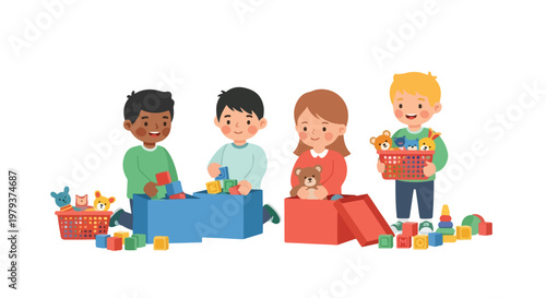 Four children of diverse backgrounds are happily tidying up their toys, placing blocks and stuffed animals into colorful storage boxes and baskets.