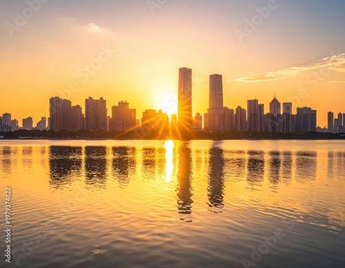 A stunning sunset illuminates a modern cityscape reflected in the calm waters of a lake, creating a picturesque and vibrant urban landscape.
