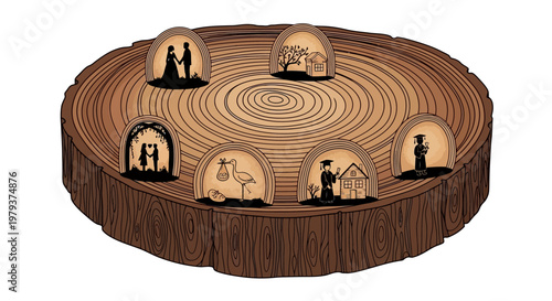 Life cycle stages illustration on a tree trunk cross-section, showing birth, childhood, family, education, and old age silhouettes.