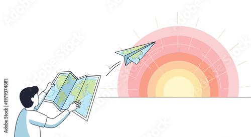 Person holding a world map, launching a paper airplane towards a vibrant sunrise, symbolizing travel planning, adventure, and new journeys.