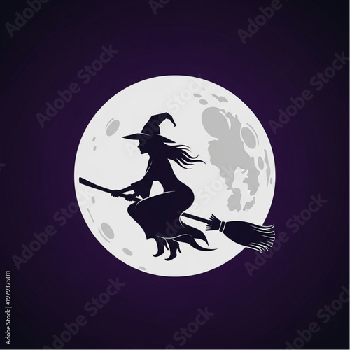 Witch Flying on Broomstick against Moon.