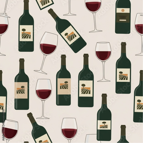 Wine Bottles and Glasses Pattern Illustration.