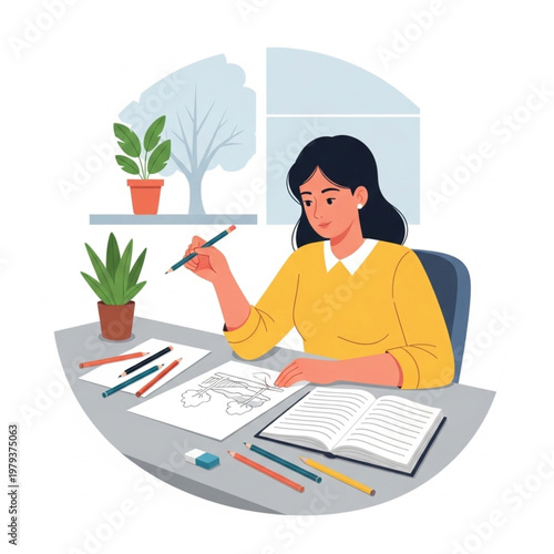 Woman Drawing with Colored Pencils at Desk.