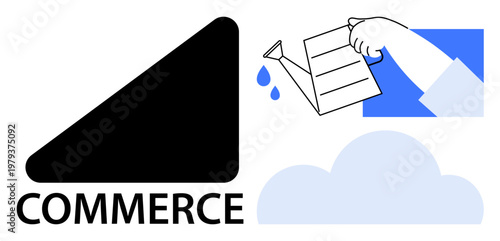 Business growth, digital commerce, startup management, growth concept, strategy planning, technology. Black commerce icon, hand holding watering can cloud imagery. Business growth and digital