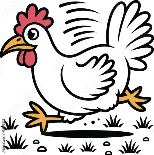 Cartoon chicken running on the grass