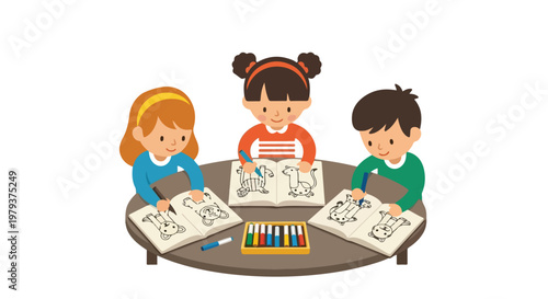 Three young children are sitting around a round brown table, happily coloring animal pictures in their books with markers.
