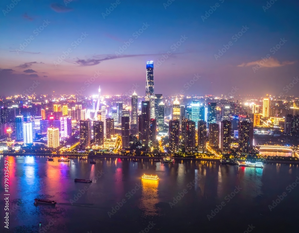 Fototapeta premium A stunning aerial view captures the vibrant cityscape of Shanghai at twilight, showcasing its impressive skyline and reflecting lights on the Huangpu River.