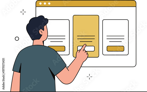 Man interacts with large web page mockup on screen interface