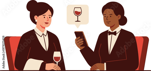 Two waiters discussing wine list on phone at restaurant table indoors