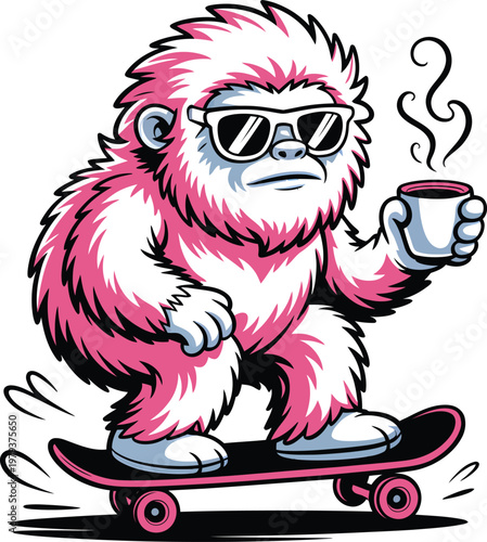 Cool pink yeti character skateboarding while holding a cup of hot coffee