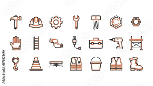 Construction Tools Icon Collection: A meticulously curated assembly of essential construction tools, each a symbol of craftsmanship, dedication, and precision. 