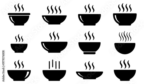 Minimalist soup bowl icons set, black steaming hot food bowl silhouettes, collection of 12 vector bowl symbols for restaurant menus and kitchen apps