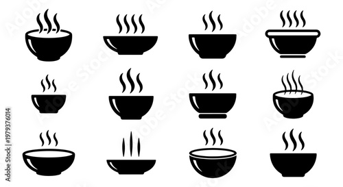 Minimalist hot soup bowl icons, set of 12 black steaming food bowl silhouettes, flat vector illustrations for restaurant menus and kitchen signage