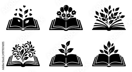 Black book icons with growing leaves and flowers, set of 6 nature education vector symbols, creative storytelling and knowledge growth concepts
