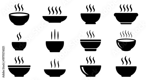 Minimalist hot soup bowl icons, 12 black vector silhouettes of steaming food dishes, simple restaurant menu symbols for broth and ramen