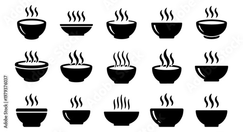 Minimalist soup bowl icon set, 15 black vector silhouettes of steaming hot food bowls, simple kitchen dishware symbols for restaurant menus