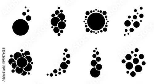 Minimalist bubble icons set, black circular water droplets and fizzing air bubbles, 8 abstract geometric soap foam and carbonation vector elements