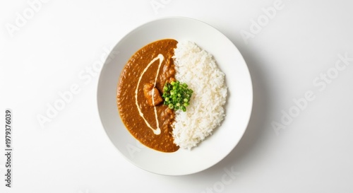 Delicious curry and rice served on white plate against white background