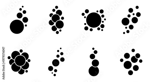 Minimalist black bubble icons set, abstract circular water droplets vector, 8 geometric fizzy soda carbonation symbols for graphic design