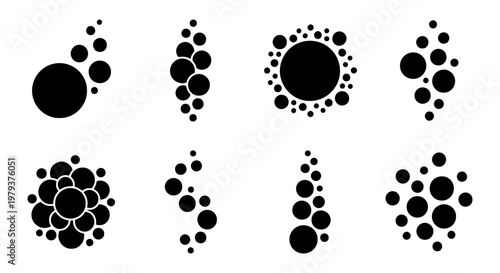 Minimalist black bubble icons set, abstract water fizz and steam silhouettes, 8 circular foam and effervescent carbonation vector elements