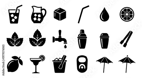 Minimalist cocktail and cold drink icon set, 18 black beverage vector elements, bar equipment and summer refreshment symbols for menu design