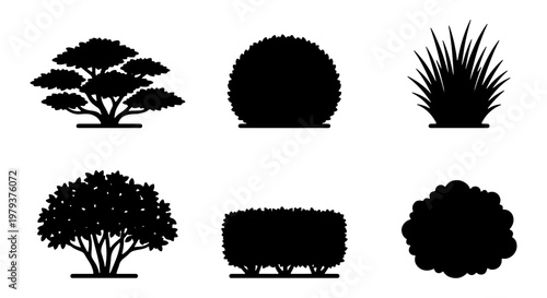 Black bush silhouette set of 6 vector icons, garden shrub and hedge plant silhouettes, landscape architecture greenery elements for site plans