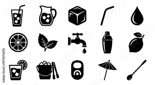 Minimalist cocktail and beverage icons set, black drink preparation symbols, 15 vector elements for bar menus and restaurant signage