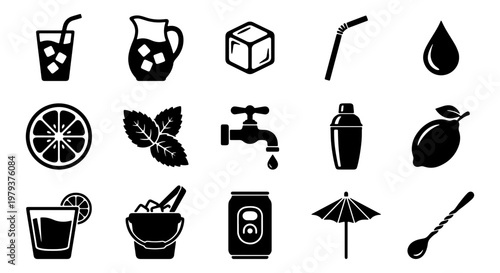 Minimalist beverage icons set, 15 black cocktail and soft drink vector elements, refreshing summer drink ingredients and barware symbols