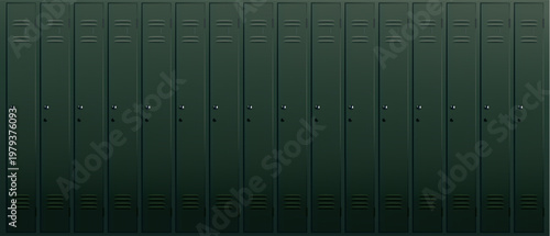 Green metal lockers row, dark school corridor wall texture. Lockers backgrounds for education, gym, workplace posters, websites, UI mockups. Vector illustration.