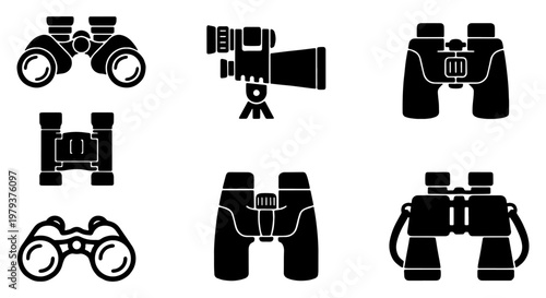 Binoculars icon set in black solid style, optical vision equipment collection, 7 vector elements for birdwatching and travel exploration