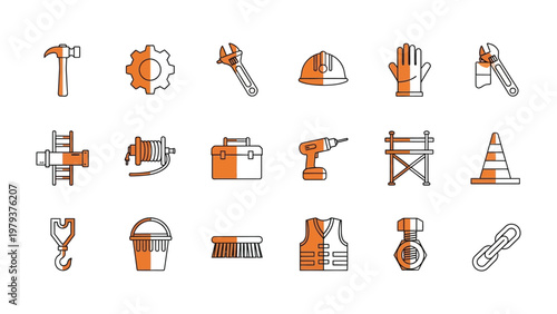 Construction Tools Icons: A comprehensive set of construction tools, rendered in a modern, illustrative style. Each icon represents a specific tool.