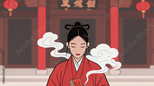 Traditional Chinese Woman in Red Hanfu with Incense