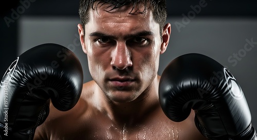 Focused male boxer in black gloves.